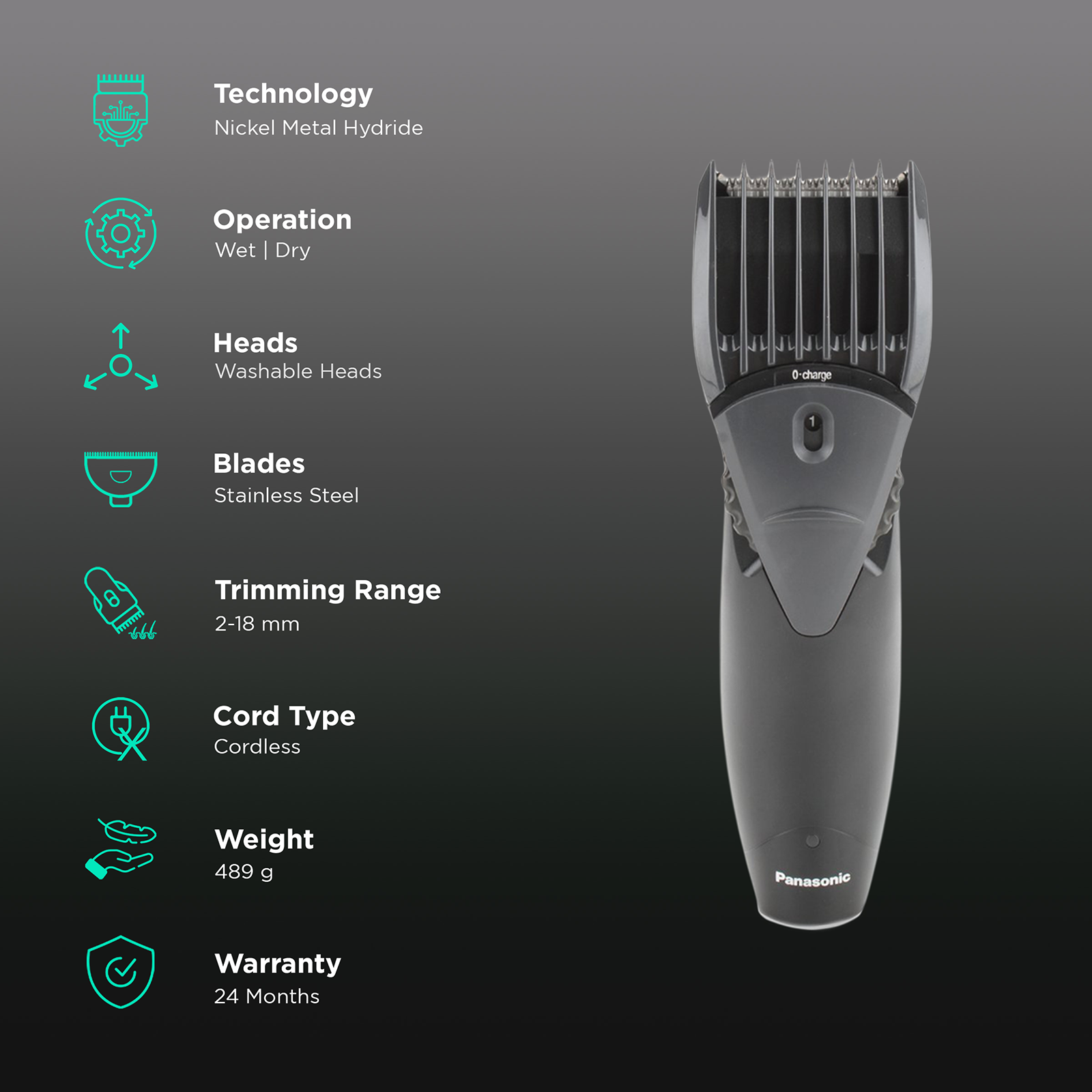 Panasonic ER207 Rechargeable Corded Cordless Dry Trimmer for Hair Beard Moustache with 12 Length Settings for Men 40mins Runtime Japanese Blade